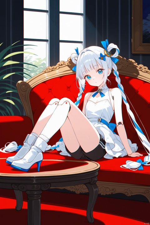  (best quality,masterpiece),1girl,blue eyes,braid,white hair,looking at viewer,joints,sitting,solo,bare shoulders,twin braids,android,bangs,shorts,multicolored hair,black shorts,couch,tail,sleeveless,hair ornament,hair rings,solo focus,dress,white footwear,full body,socks,bow,long hair,white dress,leotard,indoors,blunt bangs,boots,parted lips,chromatic aberration,expressionless,closed mouth,table,high heels,twintails, as style, baiwe7033 style, nin style