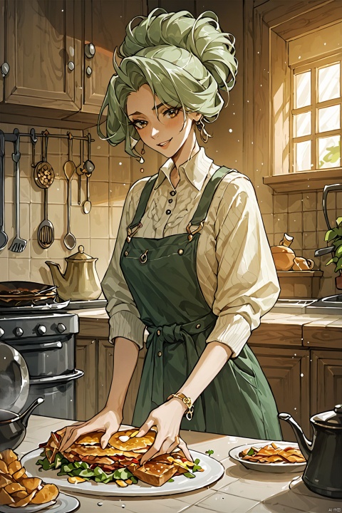 (score_9,score_8_up,score_7_up,score_6_up,score_5_up,score_4_up） 
In the warm glow of the kitchen, a girl moves gracefully, clad in casual wear. The sizzle of oil on the stove harmonizes with her measured chopping, as fresh ingredients transform under her skilled hands. Flavors blend into a symphony of scents, filling the room with promises of a hearty meal, each dish a testament to her culinary artistry.