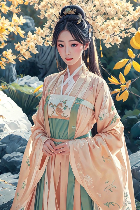  1girl,long hair,faxa,yellow theme,(((masterpiece,best quality))),simple_background,depth_of_field, jtc, hanfu, wuxia