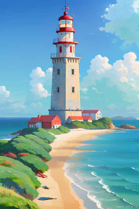 , shinkai color, OUT7033,
Red boat on sandy shore,lighthouse in the background,coastal landscape with bright colors,blue sky and white clouds,natural light,seaside scene,calm sea,greenery,marine theme,coastal vegetation,shoreline,art,no people,