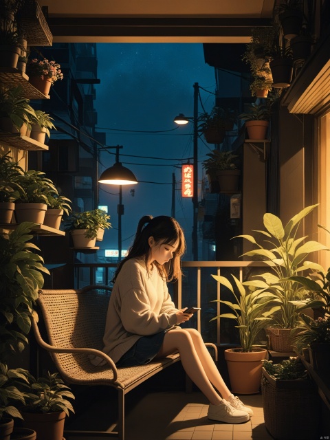 On a balcony filled with potted plants, a girl sits on a wicker bench, engrossed in her phone. In the dim light, only the faint glow of her phone screen illuminates the scene. The distant streetlights and neon signs blur into a hazy mist.