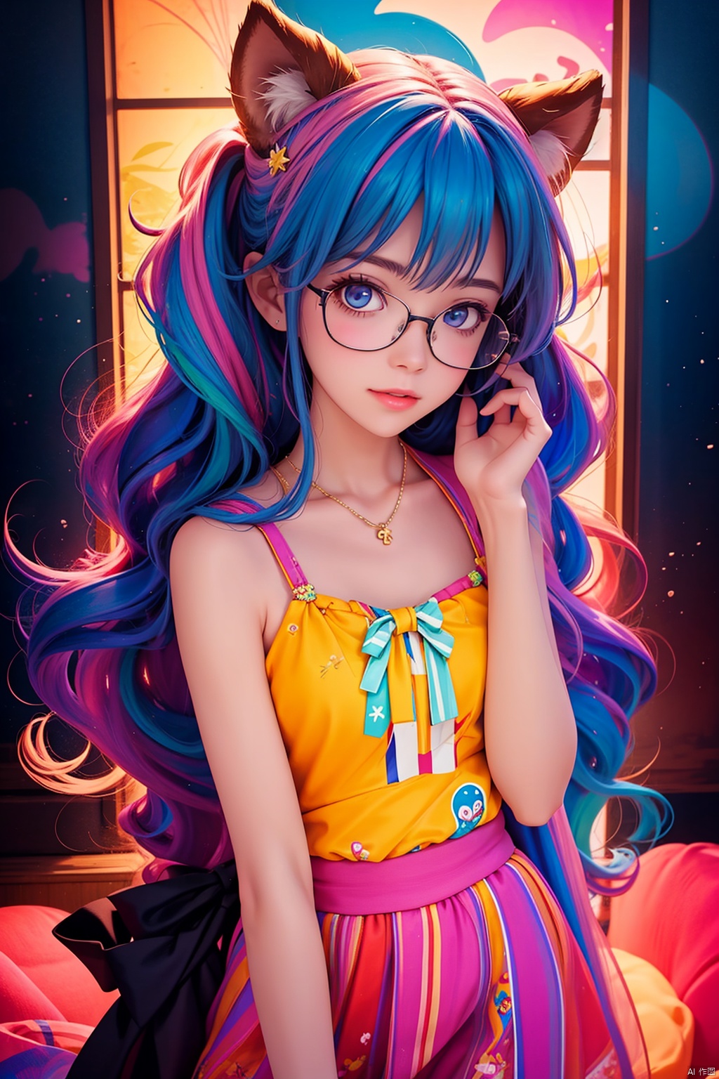  1girl, eyewear,long_hair, looking at viewer,cowboy shot, liuti,colorful hair, loli