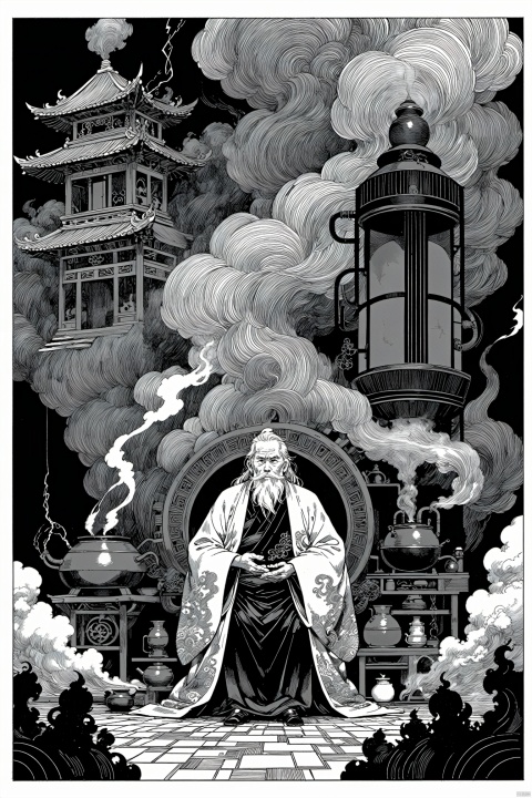  monochrome,greyscale,line art,line style
fantastic,An elderly man with a long white beard and hair,dressed in traditional robes,sites in meditation amidst a haze of smoke. Behind him,there's a temple with designs and a lightning bolt,Smoke-smoky, line art,black blue theme,A Chinese style alchemy furnace