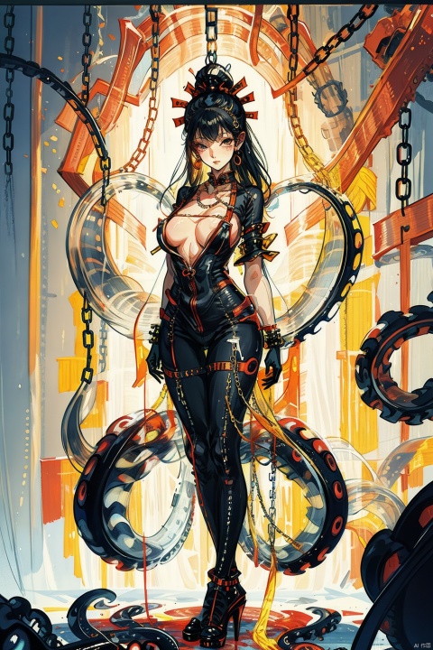  ivan Shishkinswamp, 1girl,solo, torn clothes, large chain, giant chains, giant chains , empty eyes,((zipper)),zipper clothes,
tentacles cum, arm bound by chains,
 (((Hanging in the air with a tentacles))),
 tied legs together, 
long hair,bodyfit chinese clothes ,