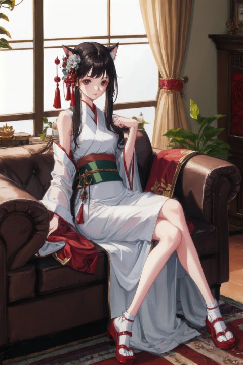 1girl,flowers, jewerly,hanfu, jtc,cat ears,chinese clothes,sitting on couch,indoors,