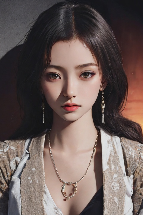  1girl,upper body,necklace,earrings,jewelry,(((masterpiece, best quality))), in the dark,deep shadow, Asian girl