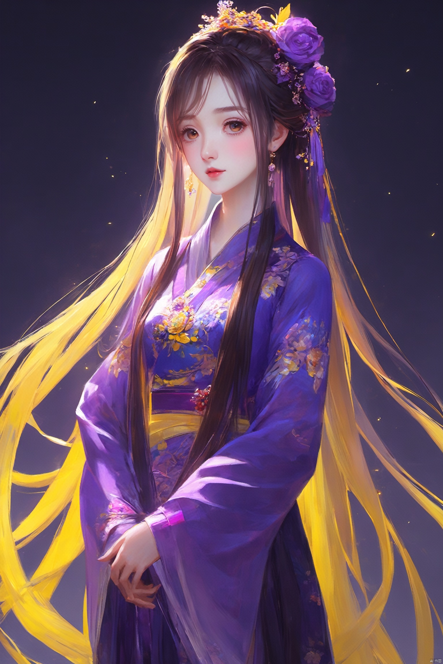  nishang,1girl, qingsha,,purple yellow theme,standing ,in the dark,simple background,upper body, looking at viewer,long colorful hair,(((masterpiece,best quality))),((good structure,Good composition,good atomy)), ((clear,original,beautiful)),