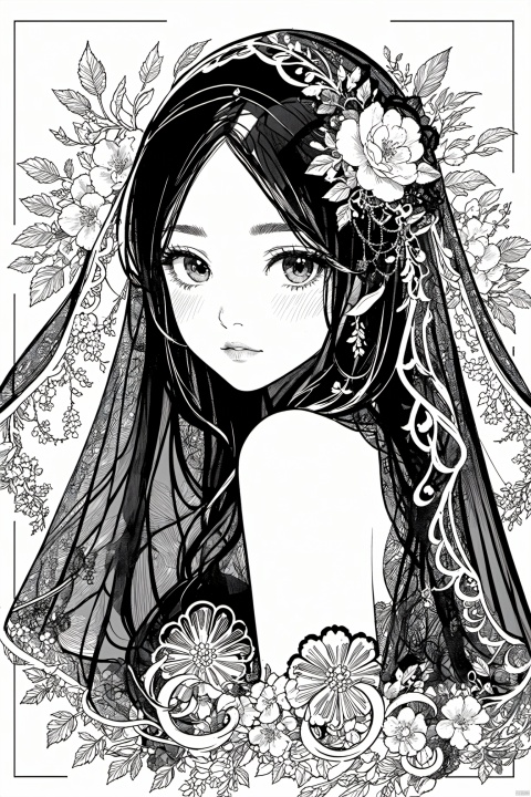  best quality,line art,line style,
the essence of a cute girl face,partially obscured by a black veil.as style,
