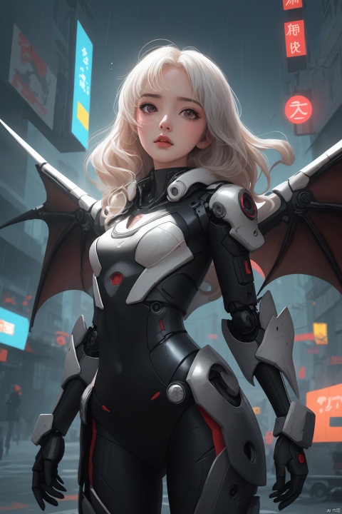  {{master piece}},best quality,illustration,1girl,small breast,beatiful detailed eyes,beatiful detailed cyberpunk city,flat_chest,beatiful detailed hair,wavy hair,beatiful detailed steet,mecha clothes,robot girl,cool movement,sliver bodysuit,{filigree},dargon wings,colorful background,a dragon  stands behind the girl,rainy days,{lightning effect},beatiful detailed sliver dragon arnour,（cold face）, myinv, (\lang lang\)