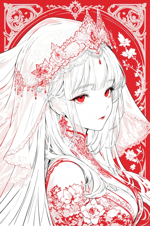  best quality,line art,line style,
the essence of a woman's face,partially obscured by a  veil.as style，red white theme,