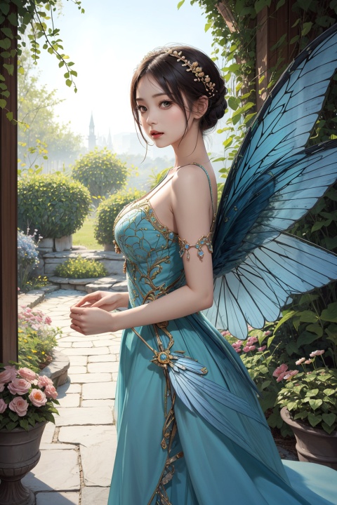 （Symmetrical art ：1.4）,looking at viewer,  (((masterpiece,best quality))),((good structure,Good composition,good atomy)), ((clear, original,beautiful)),1girl,giant wings,garden,dress
