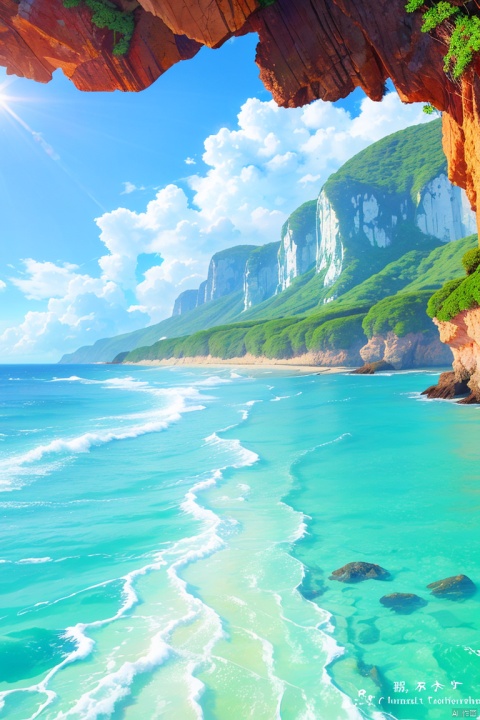  , shinkai color, OUT7033,
Seascape, beach, turquoise water, waves, rocky coast, clear sky, sun reflections, white waves, vegetation on cliffs, art, vibrant colors, serenity, nature, coastal landscape, blue sky, outdoor scene, no people, seaside,