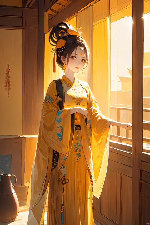  {{master piece}},best quality, baiwe7033 style,1girl,solo,standing on windows,sun light on her head,nishang,nishang clothes,yellow orange theme,