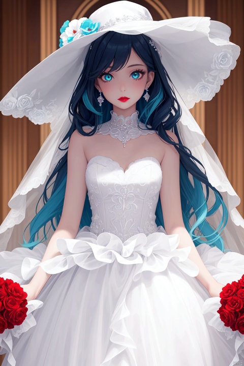  1 girl, solo,thin and tall,loli, aqua eyes, multicolored eyes, ((Eye highlight)), ((Red glossy lip gloss)), Earrings, bangs, long hair,wedding dress,Wedding Hat,flowertheme,(((masterpiece,best quality))),((good structure)),((Good composition)), ((clear, original,beautiful)), (clear details, clear light,clear structure),
