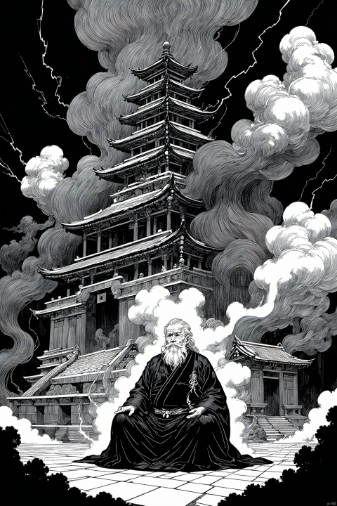 monochrome,greyscale,line art,line style
fantastic,An elderly man with a long white beard and hair,dressed in traditional robes,sites in meditation amidst a haze of smoke. Behind him,there's a temple with designs and a lightning bolt,Smoke-smoky, line art,darkblue theme,