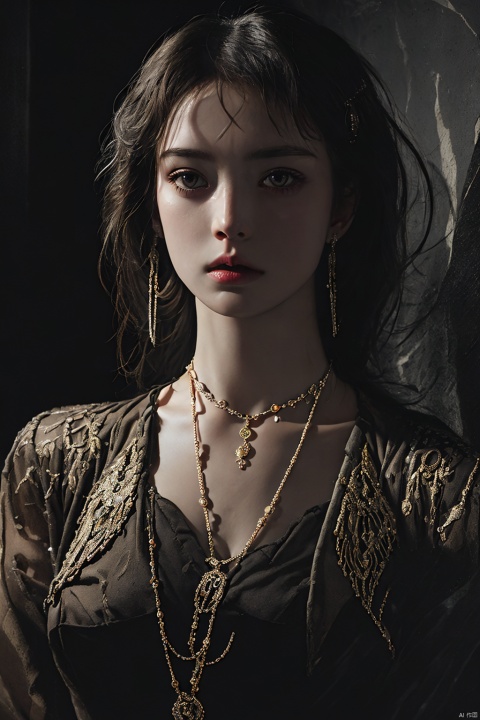  1girl,upper body,necklace,earrings,jewelry,(((masterpiece, best quality))), in the dark,deep shadow,moyou