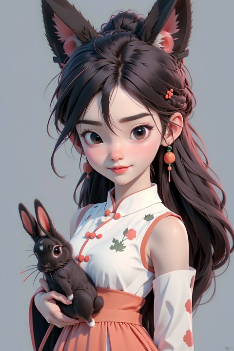 furry,furry girl,1girl, rabbit ears, animal, hair bun, solo, rabbit, double bun, thick eyebrows, hair ornament, carrot, bangs, sketch, greyscale, holding animal, closed mouth, blush, looking at viewer, dress, holding, sleeveless, short eyebrows, bare shoulders, usada pekora,  rabbit girl, sleeveless dress, food, carrot hair ornament, detached sleeves, sidelocks, hairclip, rabbit hair ornament, chinese clothes, hair between eyes, china dress, bottle