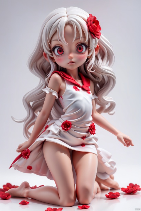  1girl,red eyes,white long translucent night gown,expressionless,(white hair),hair cover one eye,long hair,red hair flower,kneeling on lake,blood,(plenty of red petals:1.35),(white background:1.5),(English text).,(loli:1.5),(5yo:1.5),(very_long_hair,:1.3),chibi, edool, ( figma:0.8), 3d
