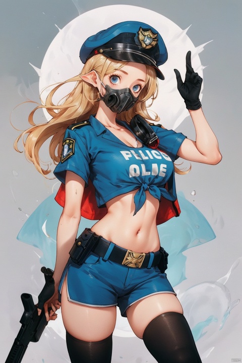 1girl, horns, solo, police, thighhighs, police uniform, navel, hat, mask, shorts, breasts, midriff, belt, pointy ears, long hair, uniform, blonde hair,  weapon, police hat, black thighhighs, policewoman, crop top, short shorts, looking at viewer, gas mask, horns through headwear, shirt, front-tie top, cleavage, standing, tied shirt, arms at sides, peaked cap, mouth mask, short sleeves, holstered weapon, large breasts, sheath, sheathed, respirator, blue eyes, gun, black shorts