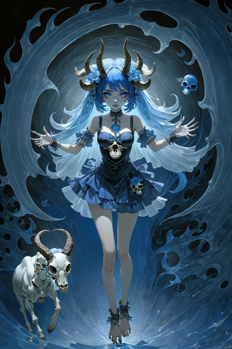  masterpiece,best quality,
(full body),standing,looking at viewer,(solo),
(1girl:1.5),solo,serafuku,lycoris flower,(goat skull:1),(horror),
(gloomy),(blue pigment:1.33),(hollow eyes:1),(expressionless
eyes),cowboy shot,ghost behind,floating animal skull,
(hanya, hair ornament:1.1),1girl,gloves,breasts,toenail
polish,makeup,( good hands, nice hands:0.5),(beautiful face),
((intricate detail)),clear face,