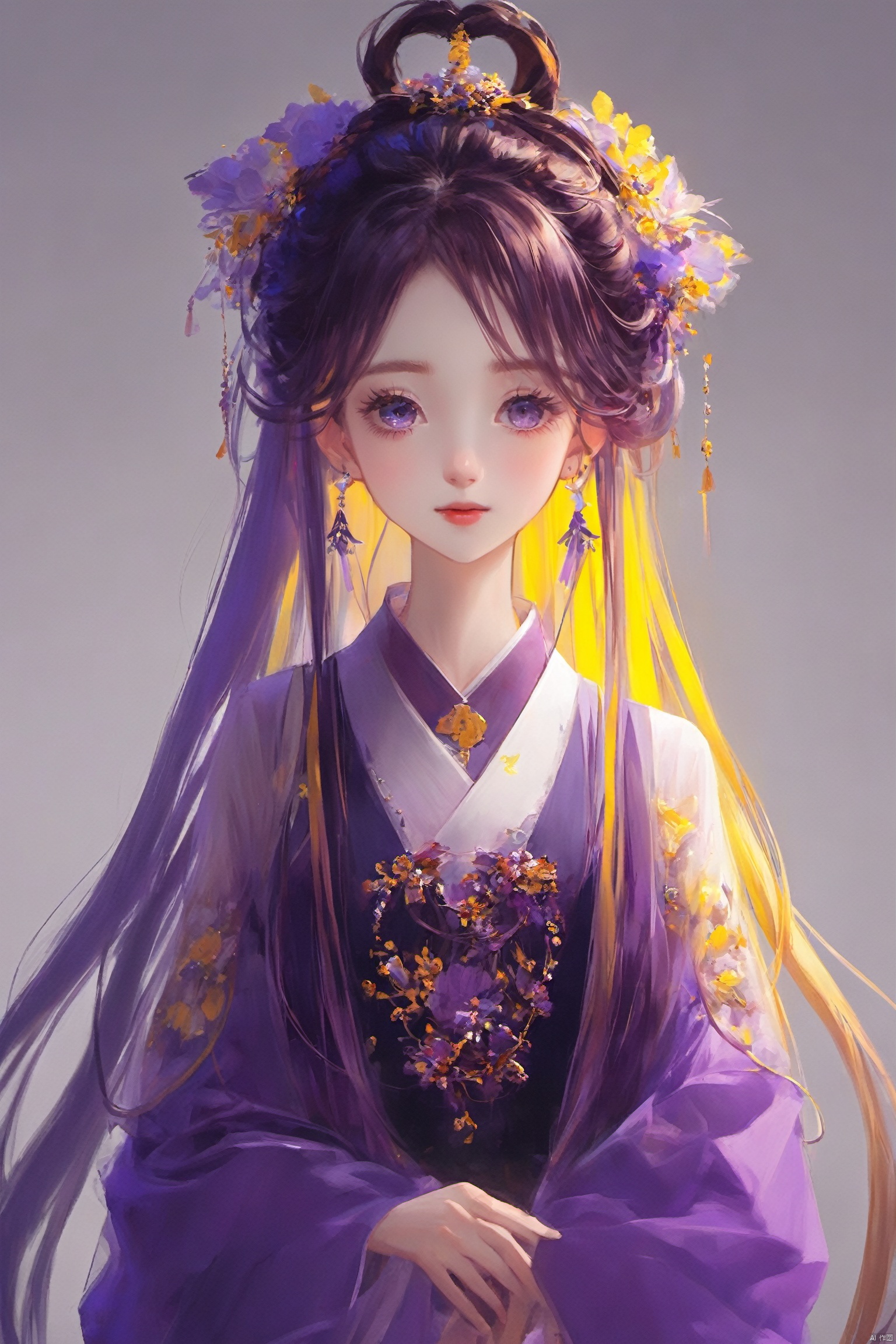  1girl, qingsha,,purple yellow theme,standing ,in the dark,simple background,upper body, looking at viewer,long colorful hair,(((masterpiece,best quality))),((good structure,Good composition,good atomy)), ((clear,original,beautiful)),