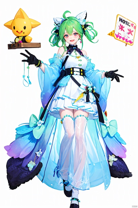 thinbaby,1girl, see-through, long hair, white background, green hair, very long hair, see-through skirt, open mouth, see-through dress, dress, ahoge, simple background, jewelry, smile, green eyes, see-through sleeves, colored eyelashes, looking at viewer, earrings, hair ornament, standing, colored skin, gloves, :d, twintails, thin body, full body, solo, 1girl