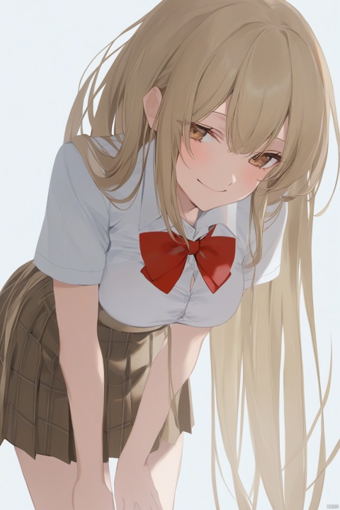  masterpiece, best quality, as7033, baiwe7033 style,
1girl, solo, long_hair, breasts, looking_at_viewer, blush, smile, bangs, skirt, blonde_hair, white_background, bow, brown_eyes, very_long_hair, closed_mouth, school_uniform, standing, white_shirt, short_sleeves, pleated_skirt, collared_shirt, bowtie, red_bow, plaid, dress_shirt, leaning_forward, plaid_skirt, arms_behind_back, light_brown_hair, red_bowtie, brown_skirt, shirt_tucked_in
