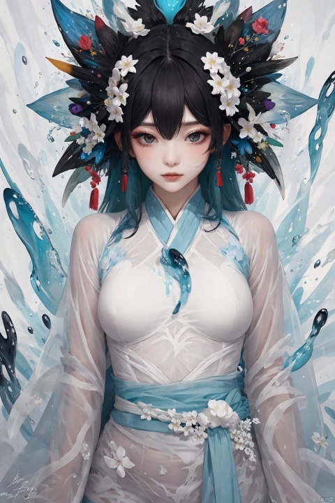 rock color, hanfu, The girl in 'Fluid Fragments',morphing seamlessly between an array of abstract white and black compositions,each transformation transcending traditional definition and expectation, The colors in the background are colorful, fused together, full of vitality and creativity. 