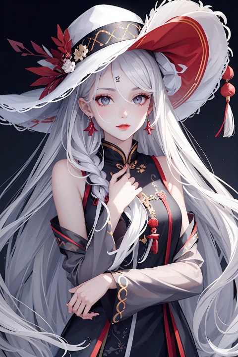  1girl, solo, long hair, looking at viewer, hair ornament, hat, jewelry, upper body, white hair, earrings, grey eyes, makeup, facial mark, chinese clothes, tassel, forehead mark, red lips, qingsha