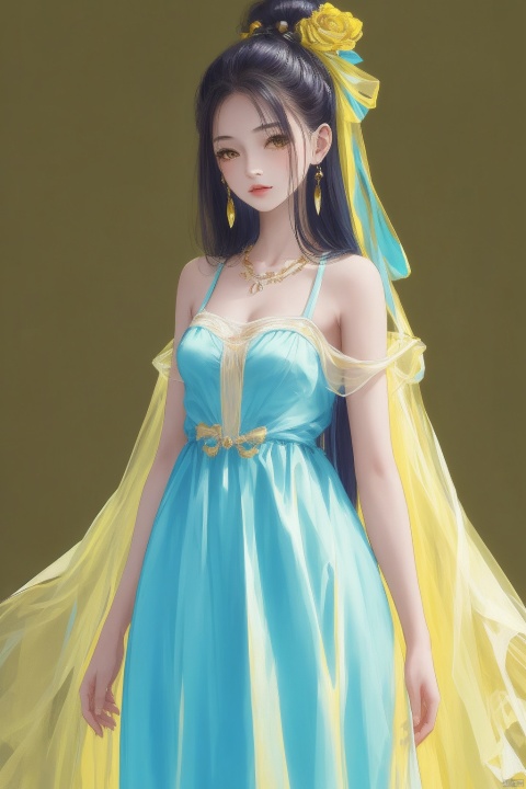  1girl, qingsha,,yellow blue theme,standing ,in the dark,simple background,cowboy body,dress, looking at viewer,long colorful hair,(((masterpiece,best quality))),((good structure,Good composition,good atomy)), ((clear, original,beautiful)),