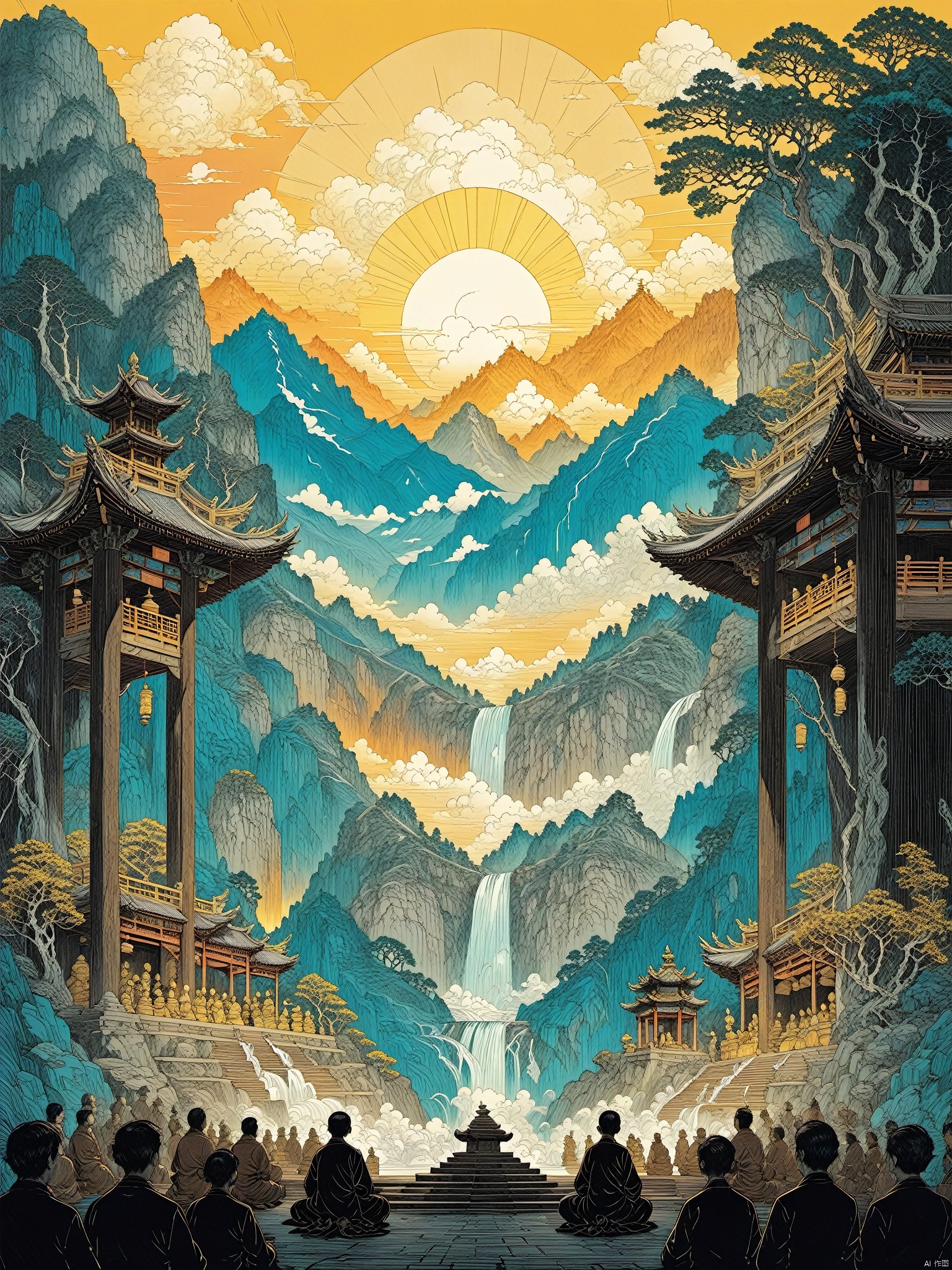 In a sky cluttered with clouds, a colossal Chinese bell floats. Golden sunset rays bathe the bell, adorned with ancient patterns. Waterfalls cascade down floating mountains in the distance. Near, on a mountain peak altar, a crowd faces the bell, assuming meditative postures.line art，line style，