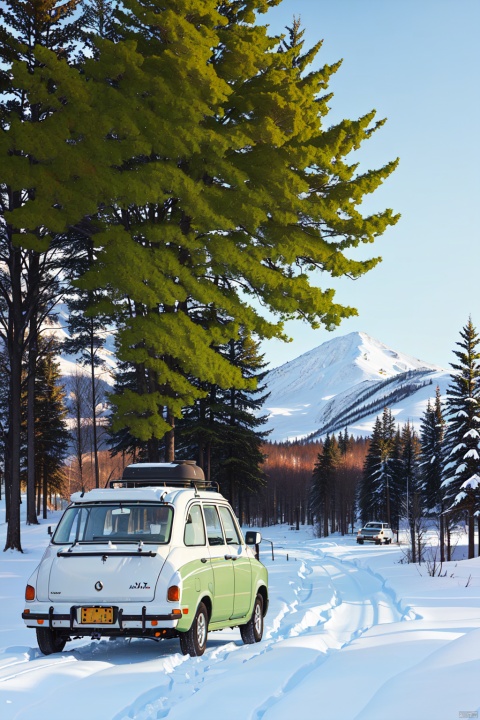 outdoors7033,outdoors,white car,blue skya,white cloud,black road,white snow mountain,deep green trees,a(((masterpiece,best quality))),OUT7033