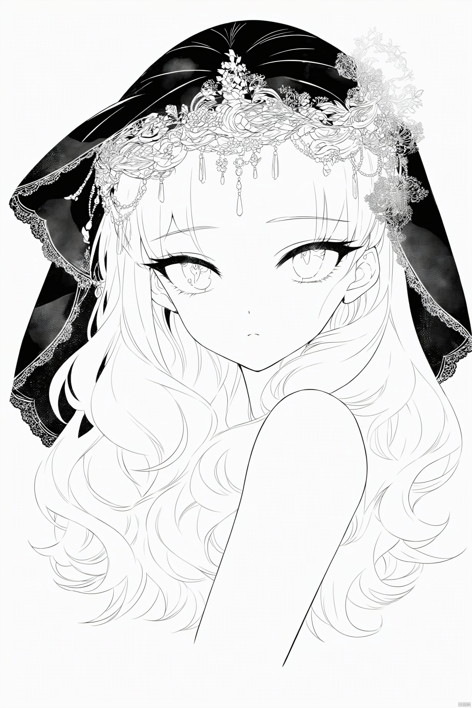  best quality,line art,line style,
the essence of a woman's face,partially obscured by a black veil.as style