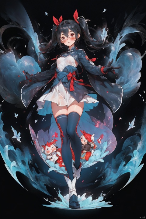 AS71033 STYLE, 1girl, thighhighs, blue hair, gloves, red eyes, hair ornament, solo, twintails, breasts, looking at viewer, full body, black thighhighs, boots, bangs, long hair, black gloves, chinese text, standing, hair between eyes, dress, holding, grey footwear, ribbon, skindentation, closed mouth, english text, character profile, weapon, hair ribbon, zettai ryouiki, gun, jacket, red ribbon, see-through, character name, long sleeves, bag, blush