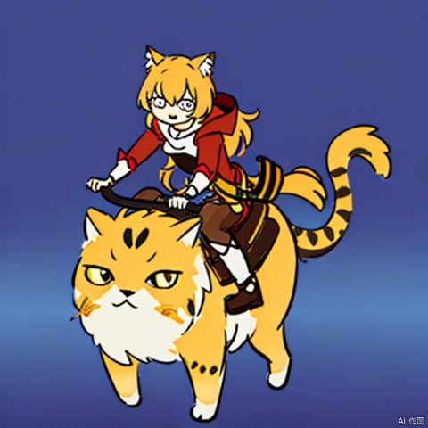 1girl,silly style,riding a big cat,red yellow theme,