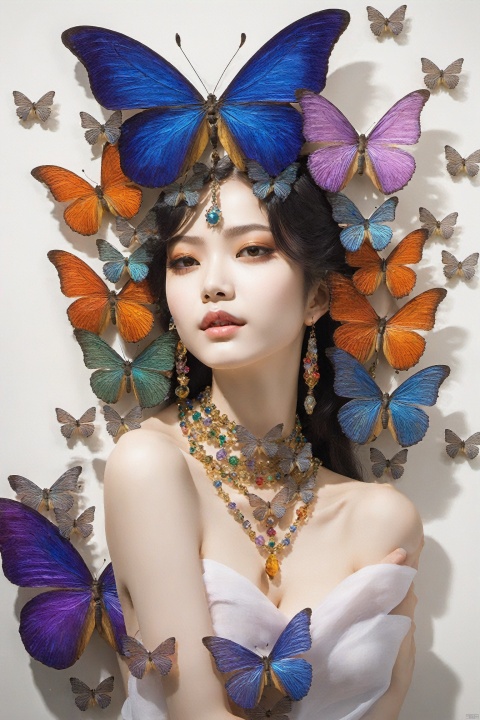  1girl, upper body,long hai,butterfly theme,jewelry, ,(((from above))), , fantasy7033