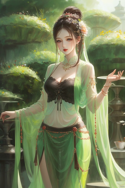  1girl, qingsha,mature female,,green theme,standing outdoors,, (((masterpiece,best quality))),((good structure,Good composition,good atomy)), ((clear, original,beautiful)),