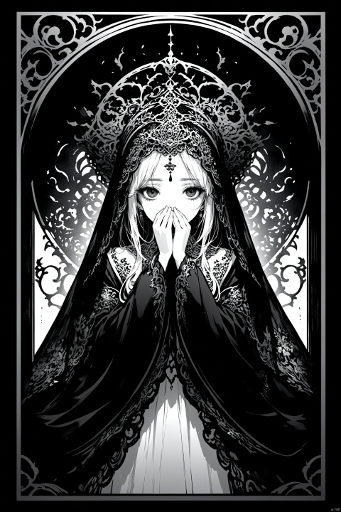  best quality,line art,line style,
the essence of a woman's face,partially obscured by a black veil. Her eyes,the windows to her soul,are the focal point of this image. They are large and expressive,framed by thick,dark eyelashes that add depth and intensity to her gaze. The veil,draped over her head and covering her mouth,adds an air of mystery and intrigue. A decorative headpiece adorns her forehead,its intricate design adding a touch of elegance and cultural significance. The background is a stark black,providing a stark contrast that accentuates the details of her face and the veil.The woman's position relative to the background suggests she is standing in front of it. The photograph beautifully encapsulates a moment of quiet contemplation and cultural richness.,