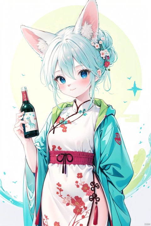 furry,furry girl,1girl, rabbit ears, animal, hair bun, solo, rabbit, bangs, blush, looking at viewer, dress, hair between eyes, china dress, bottle