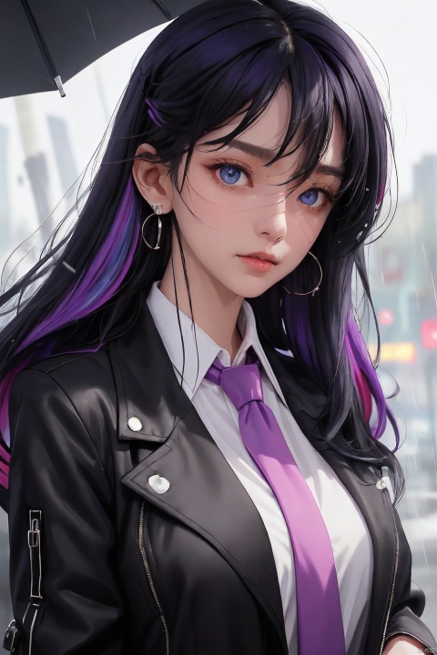  1girl,shirt,solo,necktie,rain,blue eyes,long hair,jewelry,jacket,earrings,black necktie,looking at viewer,black hair,collared shirt,black jacket,upper body,closed mouth,purple hair,multicolored hair,outdoors,bangs,open jacket,wet,background,open clothes,colored inner hair,hair between eyes,
