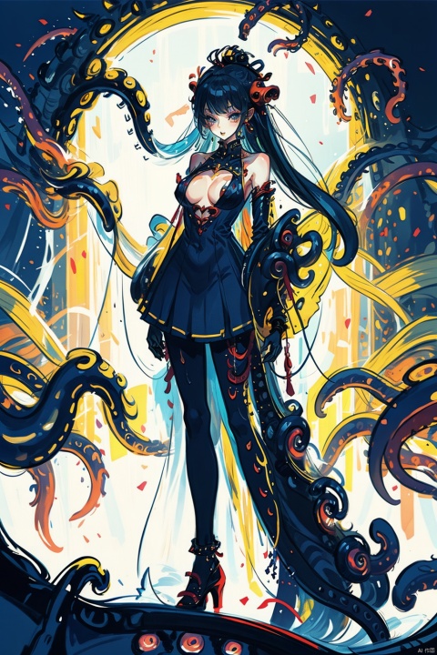 ivan Shishkinswamp, 1girl, torn clothes, large breast, giant tentacles, giant tentacle , growing eyes,
tentacles cum,   arm bound by chains,
 (((Hanging in the air with a tentacles))),
  tied legs together, 
long hair,dress,bodyfit dress,from below, thinbabay