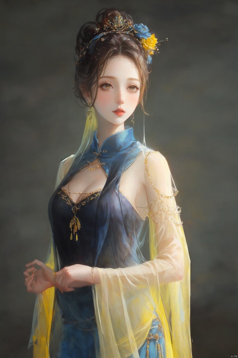  1girl, qingsha,,yellow blue theme,standing ,in the dark,simple background,upper body, looking at viewer,(((masterpiece,best quality))),((good structure,Good composition,good atomy)), ((clear, original,beautiful)),