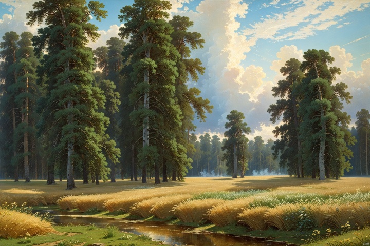 ivan Shishkin,,outdoors,trees,clouds,leafs,grass,flowes