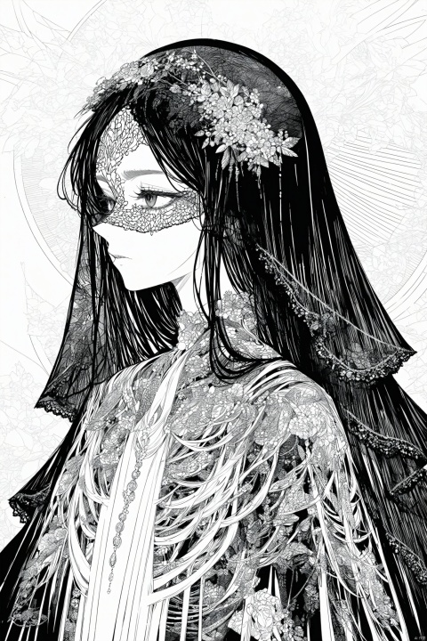  best quality,line art,line style,
the essence of a woman's face,partially obscured by a black veil.as style