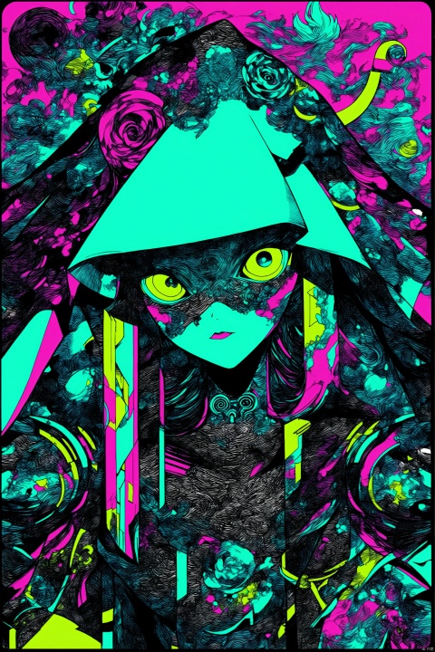  best quality,line art,line style,
the essence of a robot girl face,partially obscured by a  veil.as style，color chaos theme,cyberpunk