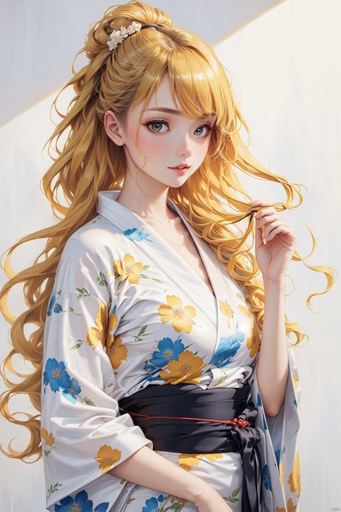  fine art, oil painting, 1girl,white kimono,yukata,white theme.long curly hair,yellow hair,