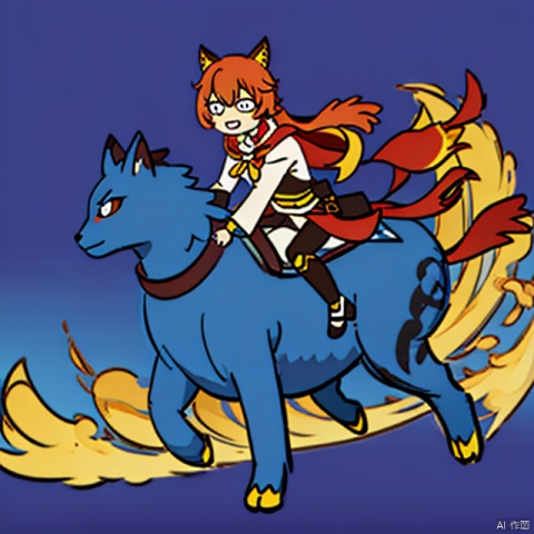 1girl,silly style,riding a big cat,red yellow theme,