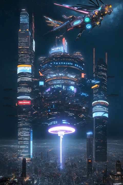 ((masterpiece)),((best quality)),Neon lights, electronic screens, electronic advertising, tall buildings, cities, futuristic buildings, flying machine,mechanical cars, starry skies, giant planets, linear light,, 