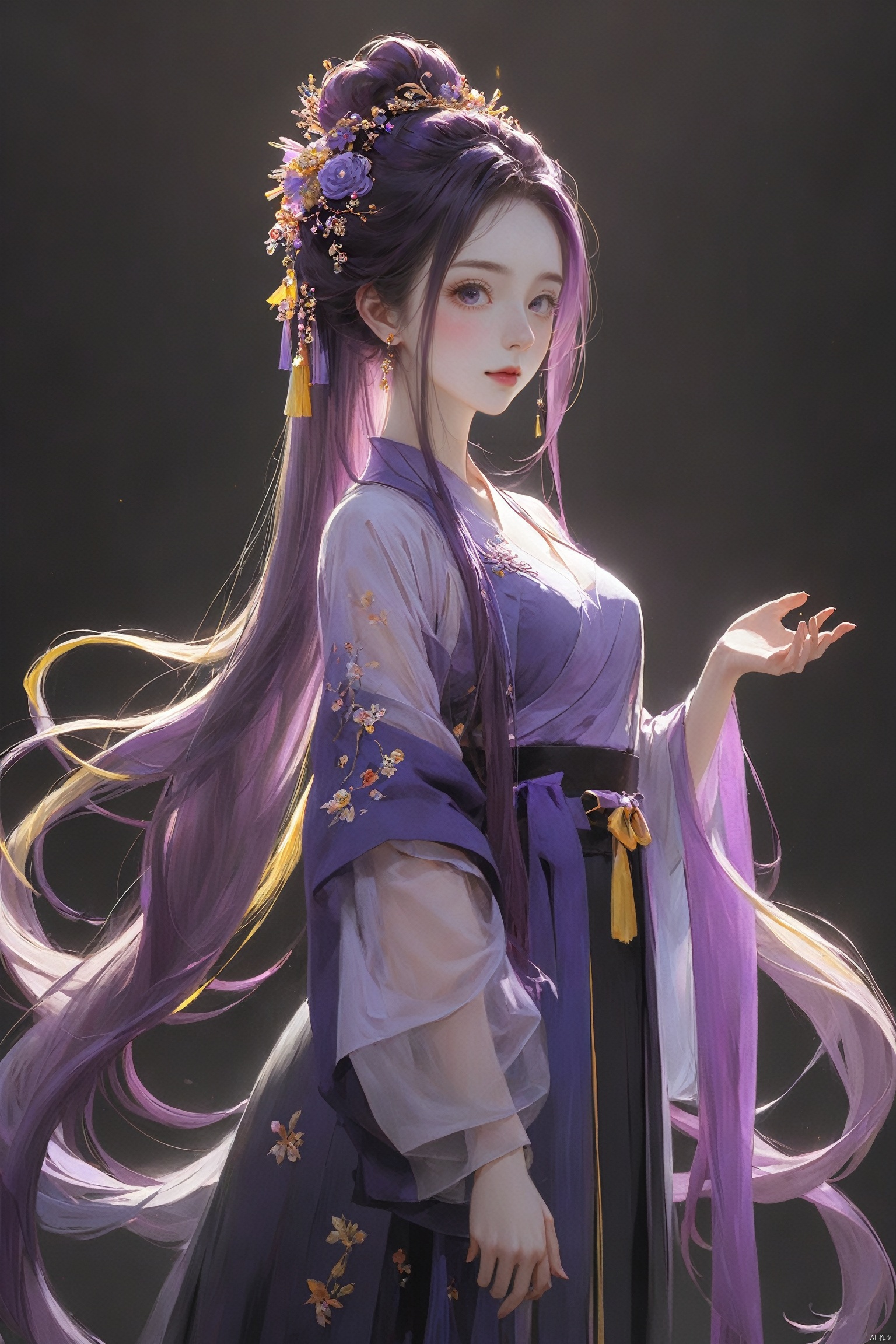  1girl, qingsha,,purple yellow theme,standing ,in the dark,simple background,upper body, looking at viewer,long colorful hair,nishang,(((masterpiece,best quality))),((good structure,Good composition,good atomy)), ((clear, original,beautiful)),