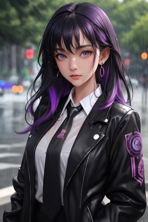  1girl,shirt,solo,necktie,rain,blue eyes,long hair,jewelry,jacket,earrings,black necktie,looking at viewer,black hair,collared shirt,black jacket,upper body,closed mouth,purple hair,multicolored hair,outdoors,bangs,open jacket,wet,background,open clothes,colored inner hair,hair between eyes,
